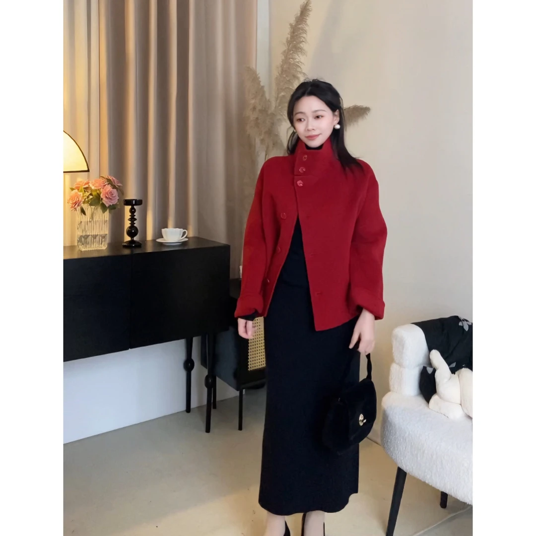 小立领单排扣时尚气质短款秋冬小个子短羊毛外套双面呢