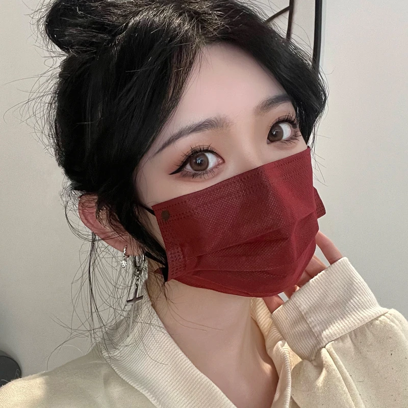 莫兰迪口罩酒红色一次性独立女可爱薄不勒耳新款时尚男潮款网红