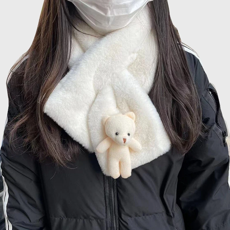 卡汐沐小熊围巾韩版新款保暖可爱卡通少女百搭白色毛绒围脖交叉