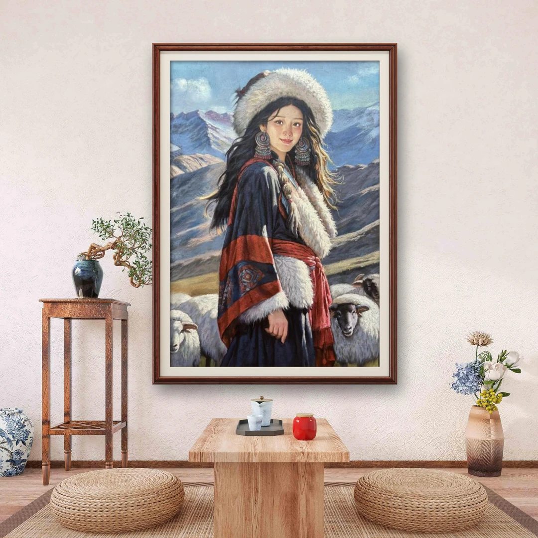 天山牧羊少女新中式民族风油画肌理复刻版画民宿精品茶室背景挂画