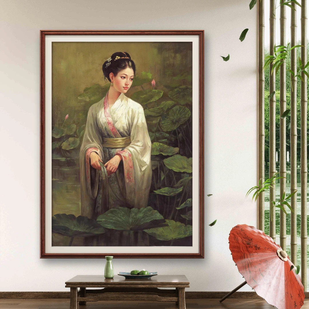 青莲佳人张俊龙油画原创肌理复刻版画古典美女走廊玄关书房背景画