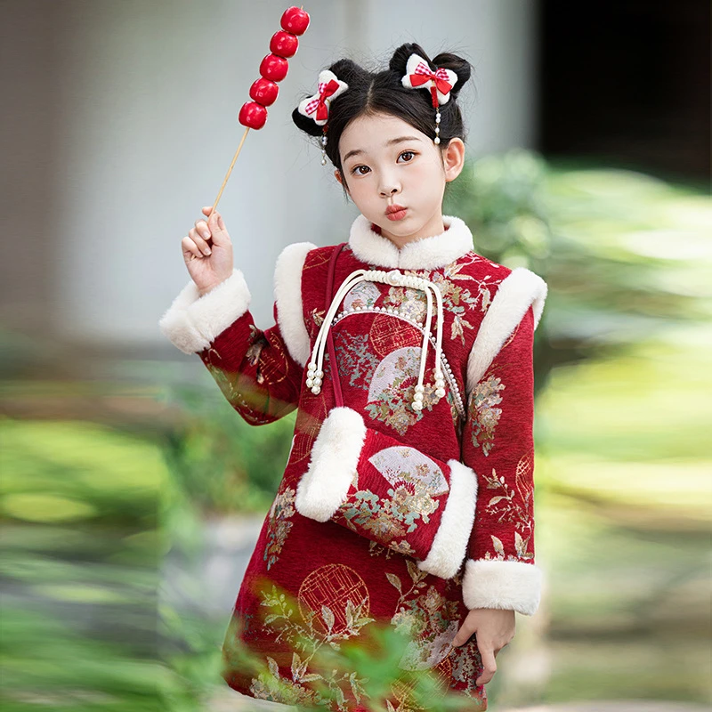 女童古风汉服2024新款冬季加厚唐装连衣裙宝宝洋气拜年服旗袍
