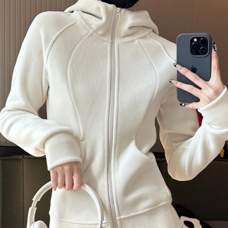 显瘦美式连帽高领拉链运动开衫外套女春秋冬2023新款正肩韩版卫衣