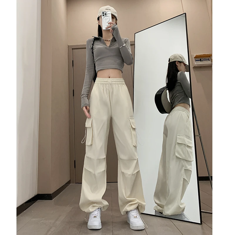 春秋款美式降落伞裤2024新款工装裤女士高腰阔腿宽松休闲裤运动裤