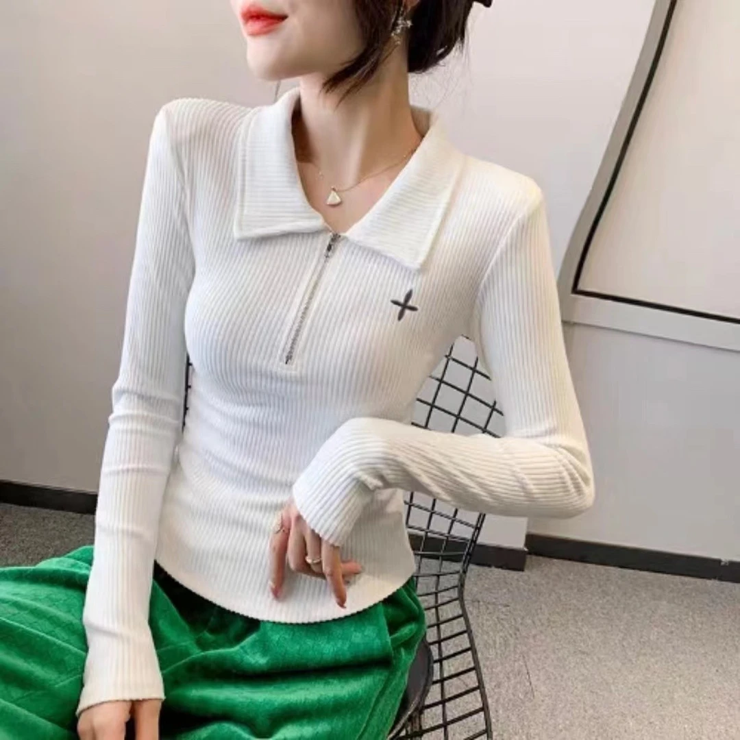 【织嫣推荐】小众设计感拉链Polo领打底衫刺绣上衣修身显瘦翻领