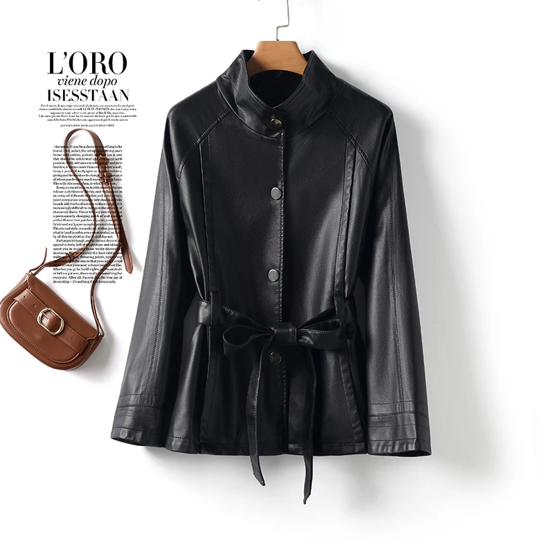 海宁纯皮皮衣女常规款黑色立领系带收腰气质皮外套 QYMN-355#