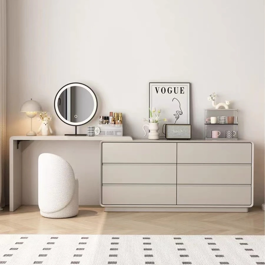 实木烤漆梳妆台卧室现代简约奶油风小型斗柜一体梳妆柜网红化妆桌