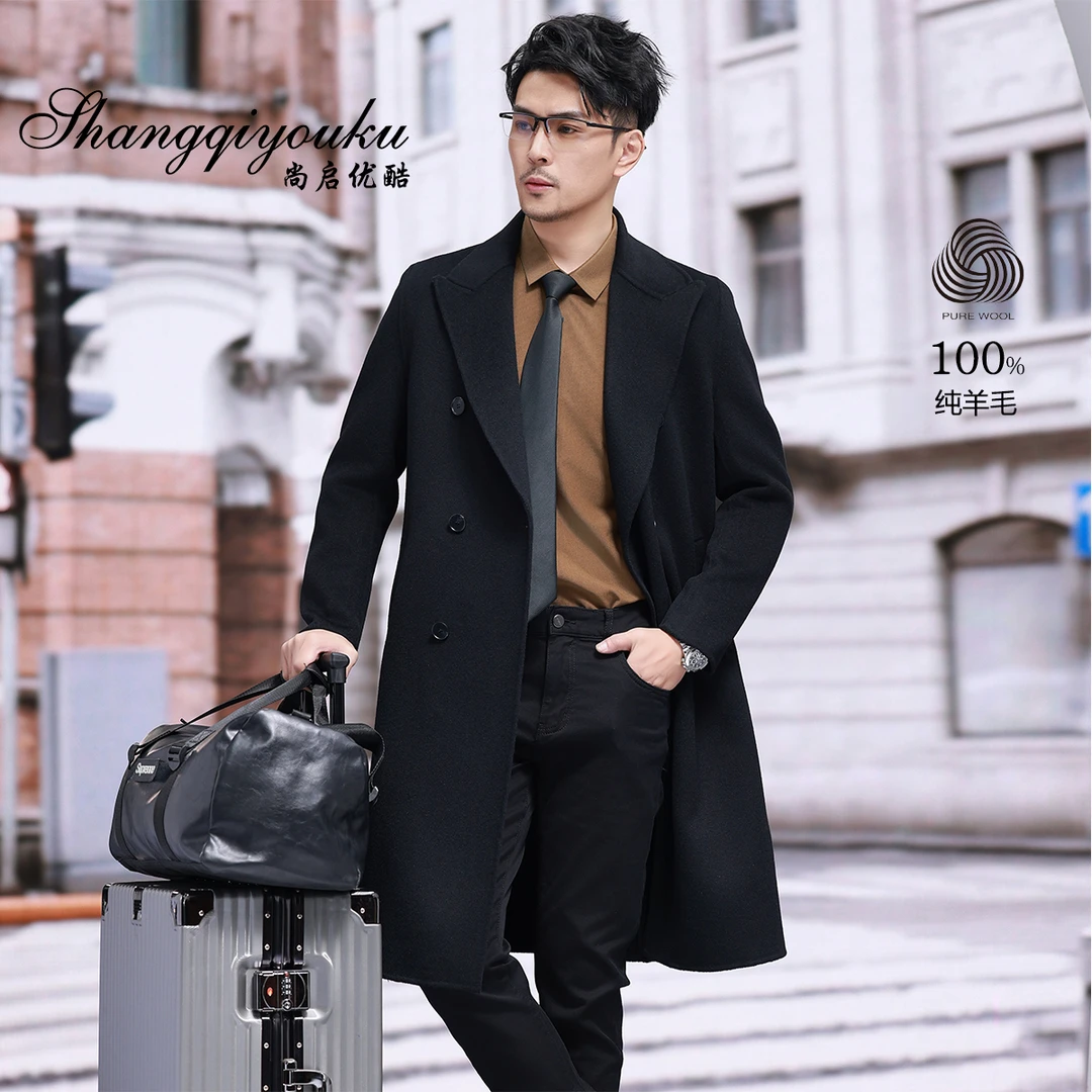 男士100%羊毛中长款双面呢子戗驳领休闲加厚冬季大衣风衣外套男款