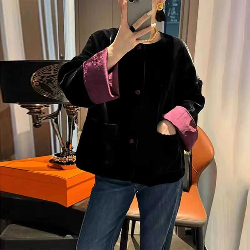 中式高级感国风撞色两面穿丝绒外套女欧货2024秋新款宽松洋气上衣