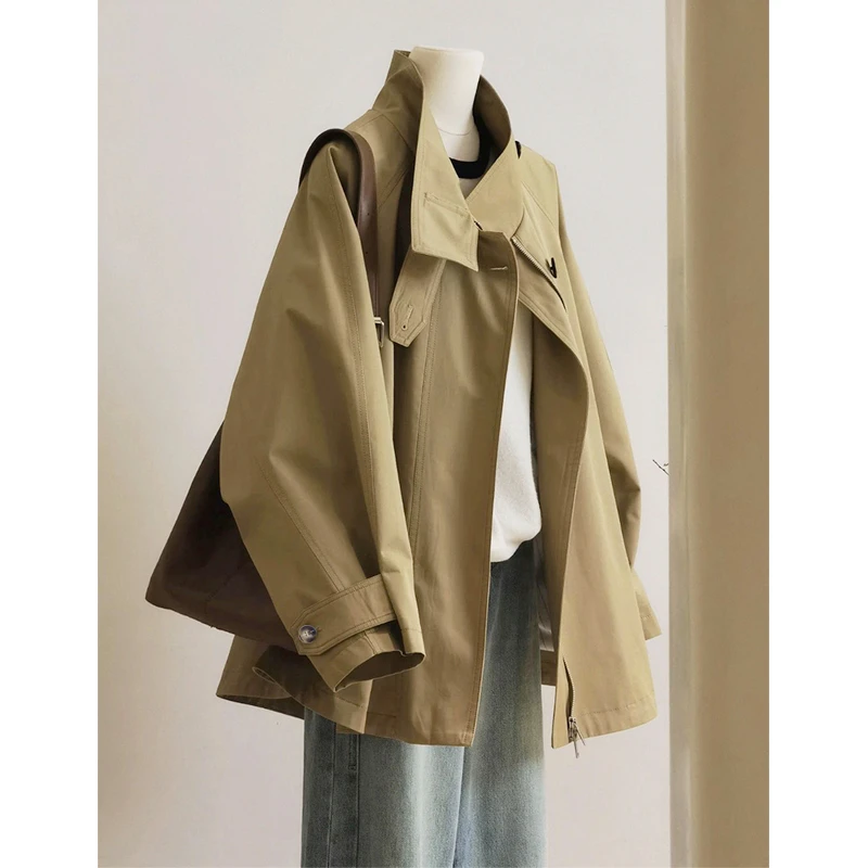 韩系穿搭复古立领斗篷风衣外套女春秋新款高级感中长款小个子大衣