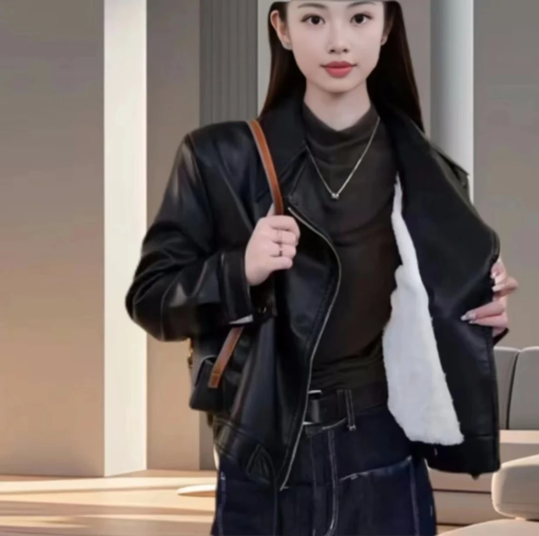 秋冬新款加厚加绒保暖气质皮衣外套女机车风休闲夹克显瘦百搭2322