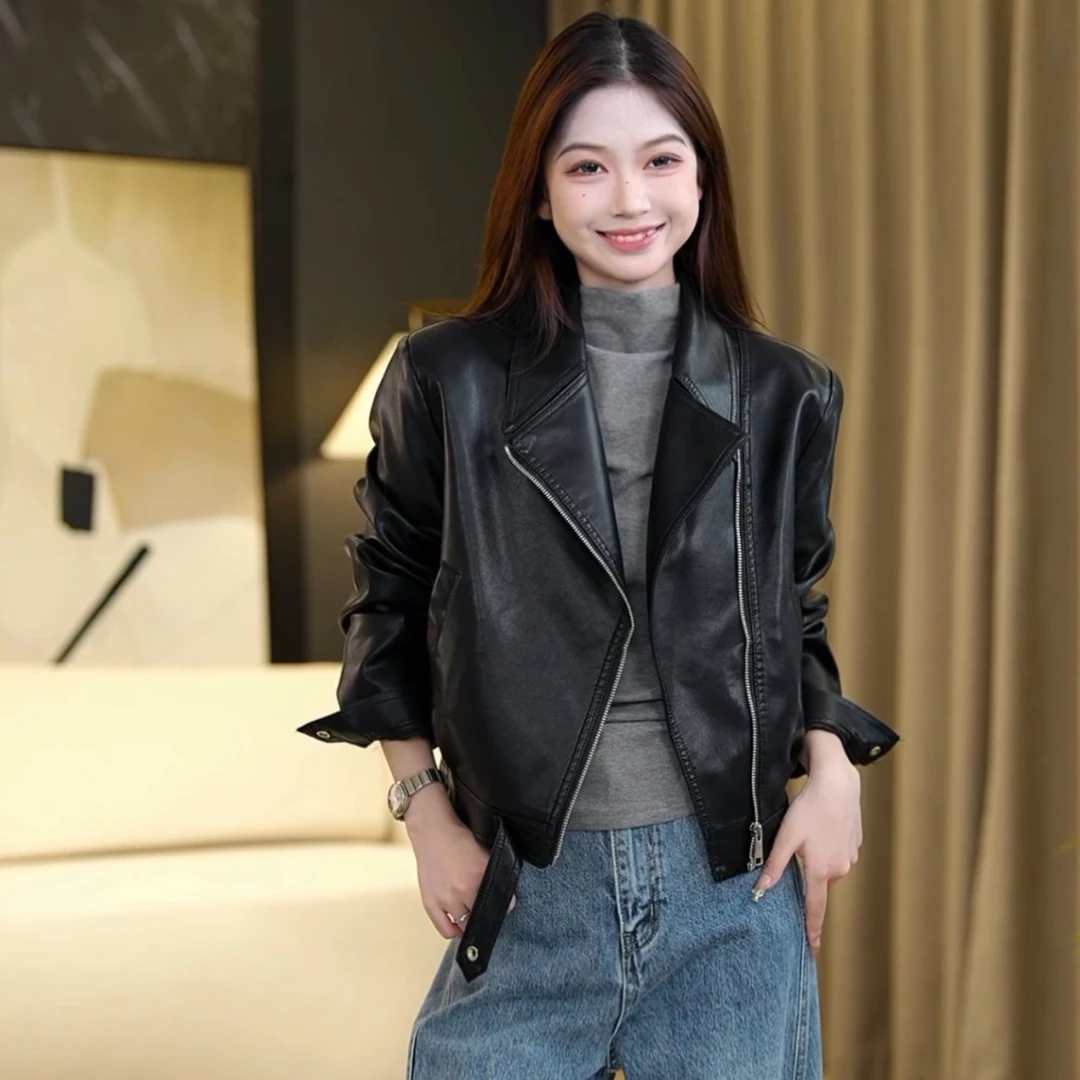 2024秋季女装皮衣外套女机车短款休闲宽松复古皮夹克小个子2318