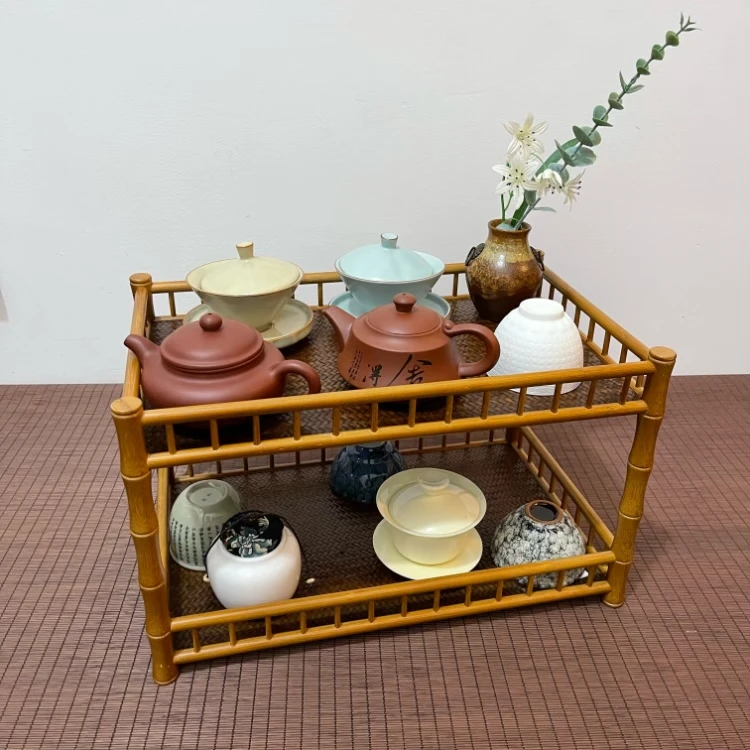 楠竹 双层茶棚 四片席面 文玩茶杯茶具收纳架