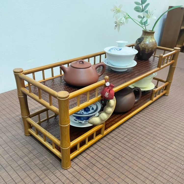 楠木双层茶具收纳架 茶室收纳神器 茶壶茶杯收纳台