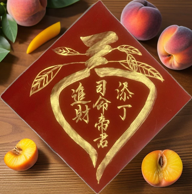 手写潮汕寿桃司命帝君财源广进上新添丁进财春联对联上新福字门贴