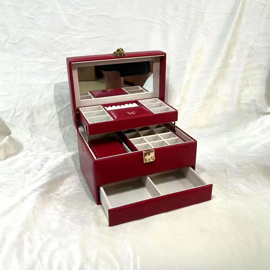 首饰盒/箱 【小张推荐】 高档三层珠宝红色首饰盒 颜色多样发其一