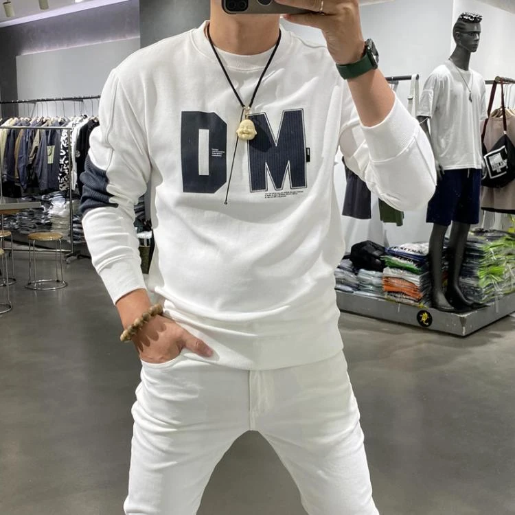 2023秋冬新款字母印花卫衣修身套头圆领长袖打底衫帅气上衣外套男