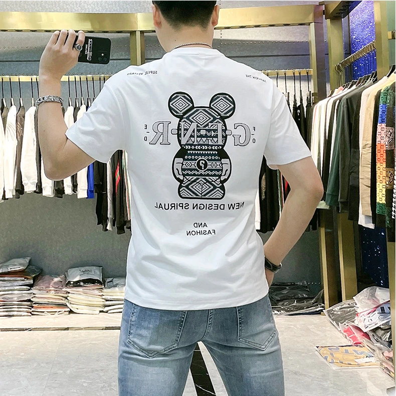 男装2024夏季新款短袖T恤男潮牌小熊刺绣印花爽肤棉圆领体恤上衣