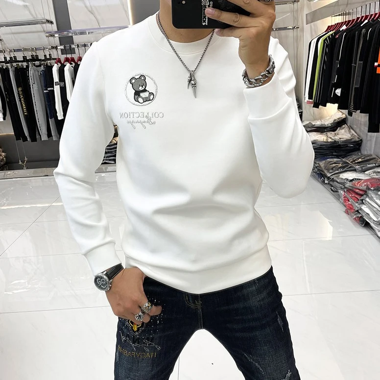 2023秋季新款男士卫衣圆领修身小熊印花潮牌百搭套头休闲上衣长袖
