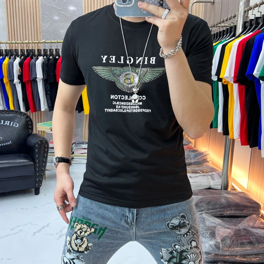 夏季新款圆领短袖T恤男士潮牌欧洲站高端丝光棉印花烫钻修身半袖