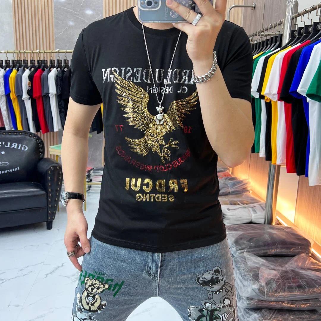 夏季新款短袖T恤男韩版潮流修身老鹰亮片烫金潮牌帅气丝光棉半袖