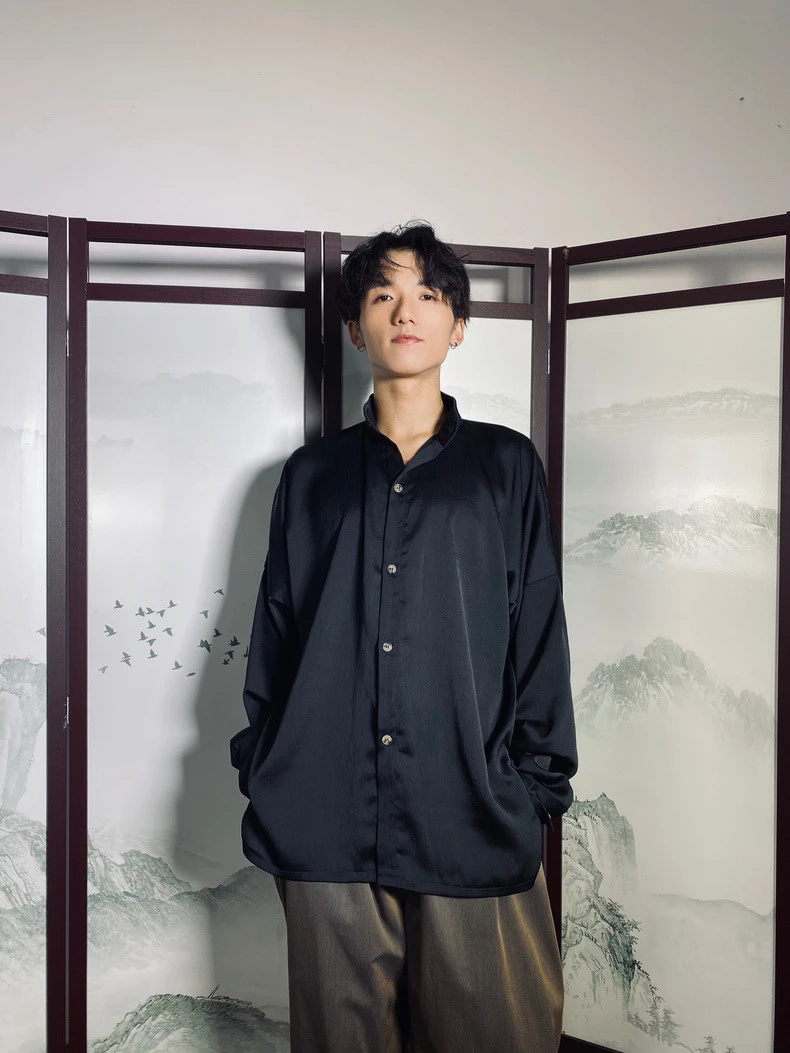 【余二制衣】原创设计气质复古立领树纹亮黑宽松飘逸休闲长袖衬衣