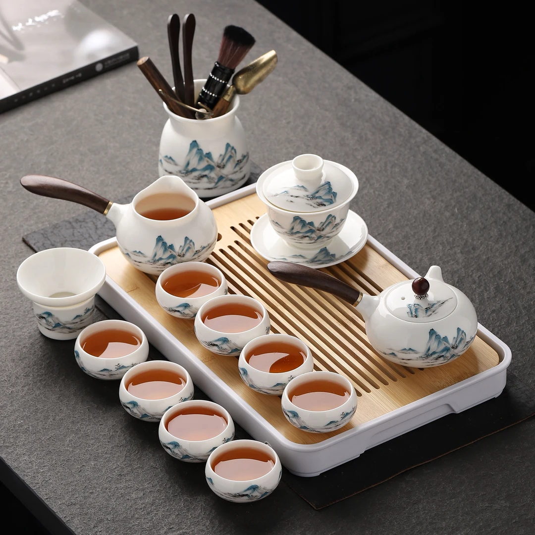 羊脂玉白瓷功夫茶具中式家用防烫侧把茶具陶瓷盖碗泡茶杯高档轻奢