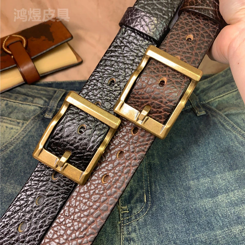 实心方型铜扣野牛纹头层牛皮腰带男士真牛皮皮带跑车扣