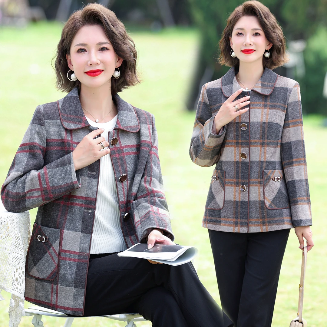 新款秋冬格子外套洋气加厚妈妈保暖衣服中老年奶奶秋装外衣