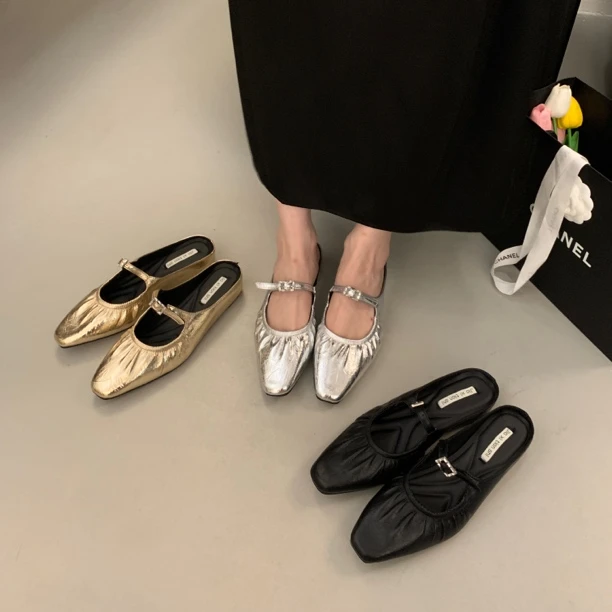 法式内增高包头半拖凉鞋粗跟穆勒鞋女2024新款气质半托鞋2132-7