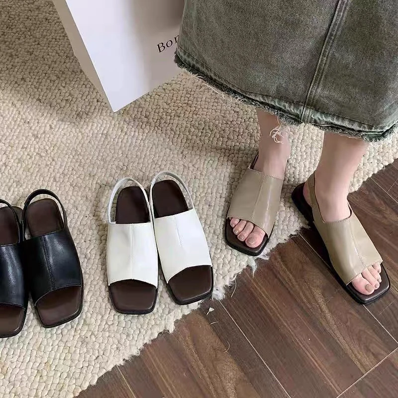 真皮凉鞋2023夏季新款方头平底凉鞋软皮平跟女鞋露趾软底舒适鞋子