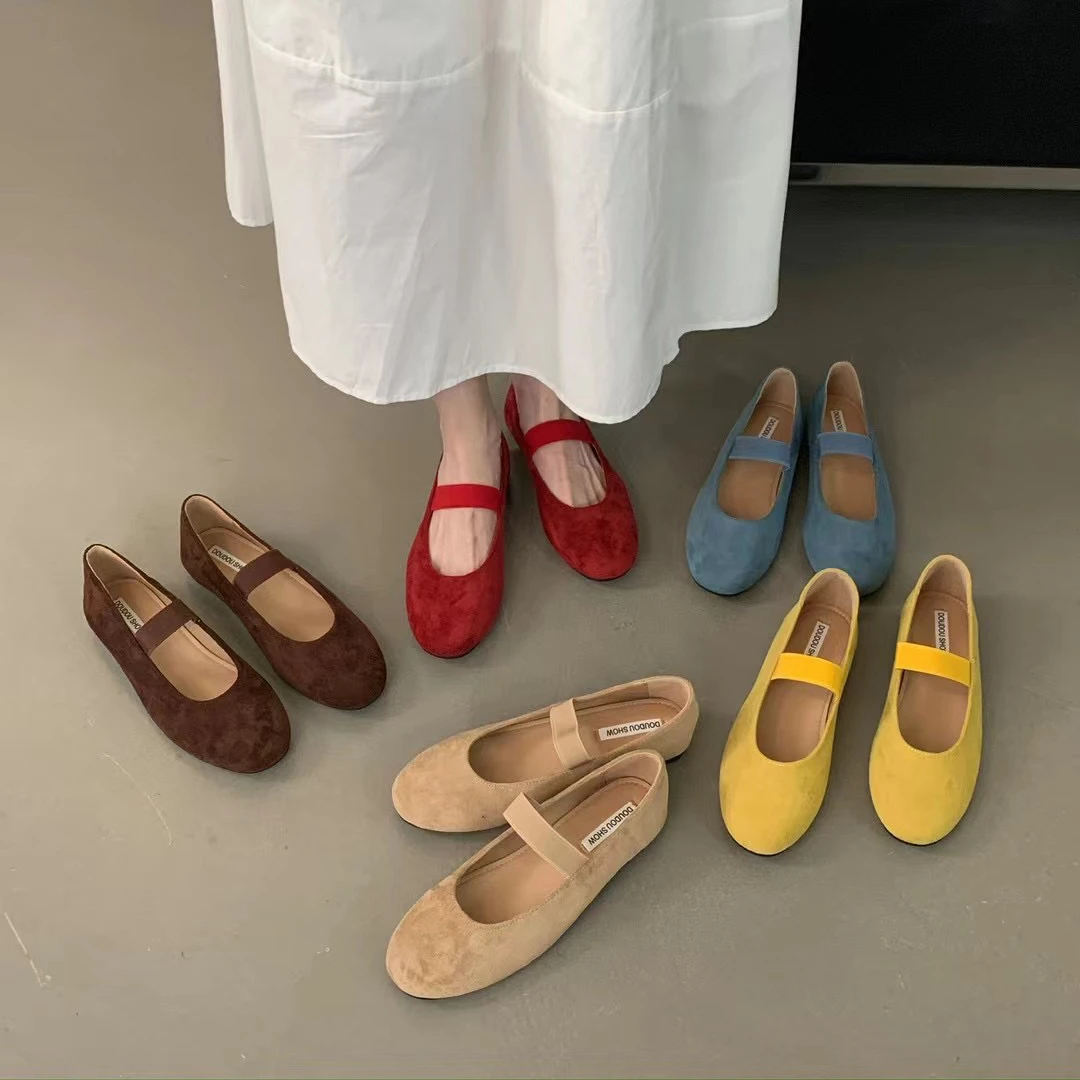 法式绒面复古风平底低跟鞋芭蕾舞蹈鞋软底舒适一字带单鞋6158-1