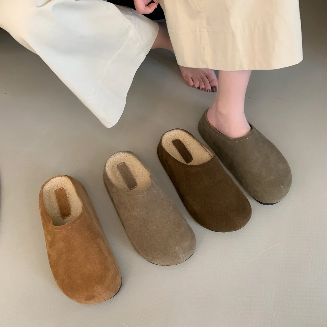 5CM厚底勃肯鞋女2024新款包头半拖鞋秋冬外穿加绒毛毛棉拖6769-1
