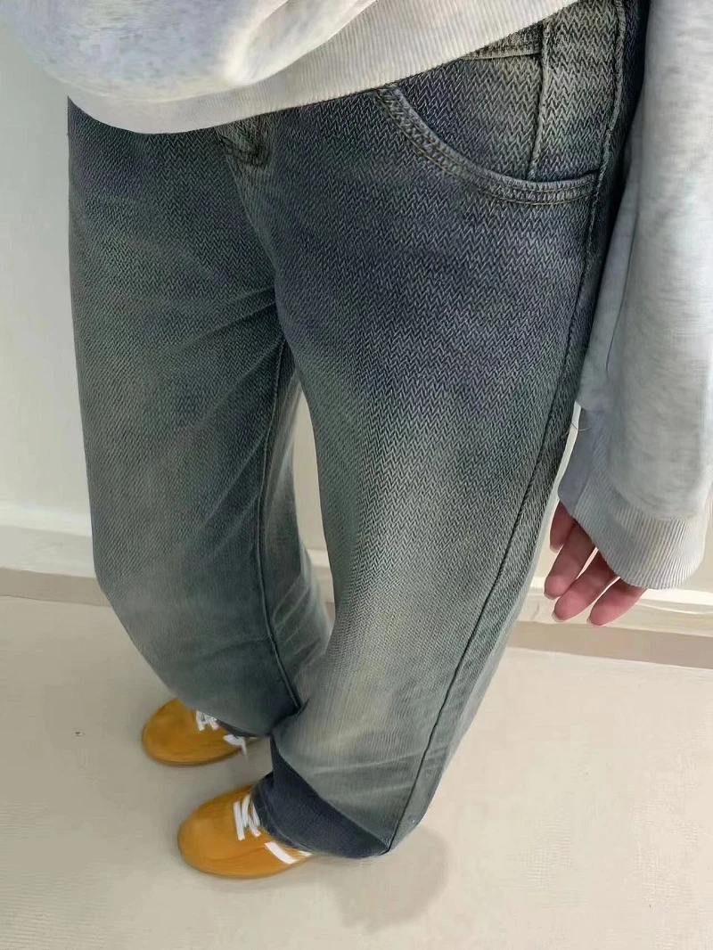 秋冬新款怀旧蓝高腰牛仔裤女175高个子宽松垂感星空纹直筒阔腿裤