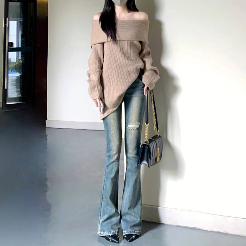 高个子复古蓝色破洞微喇牛仔裤2024春季新款辣妹高腰直筒喇叭裤