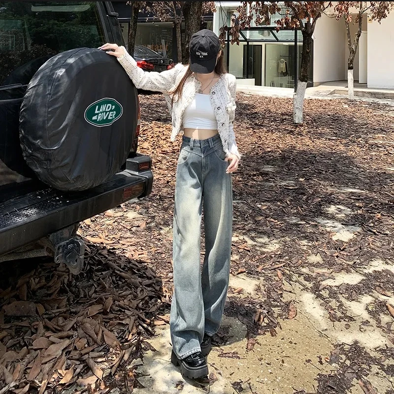 星空纹牛仔裤女早秋新款高个子加长直筒裤梨型身材显瘦加长拖地裤