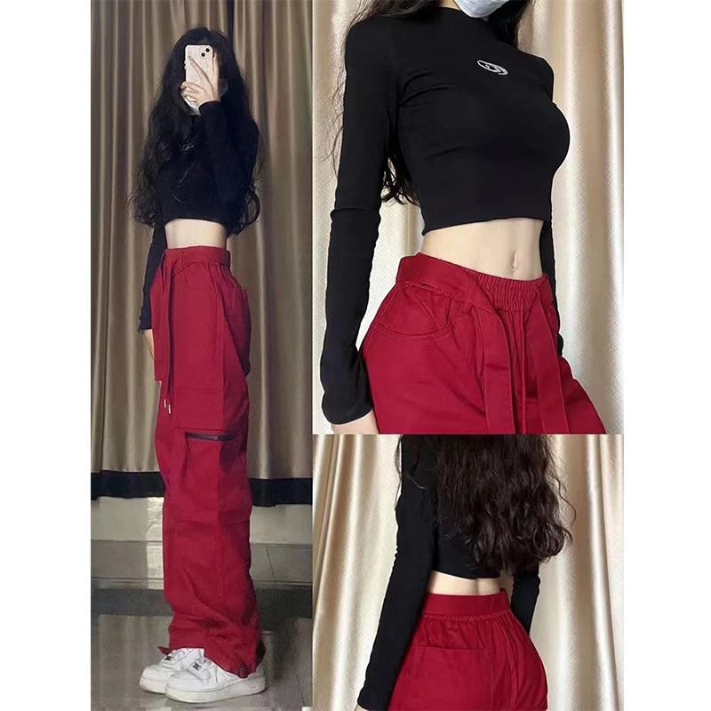 2024美式高街复古红色工装裤女冬ins阔腿裤设计感百搭拖地休闲裤