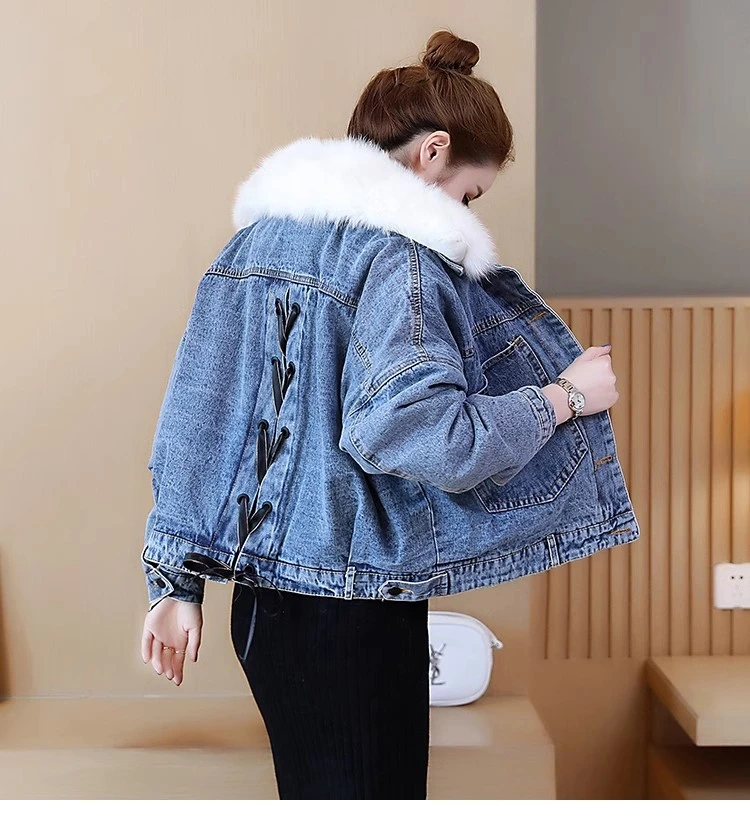 冬季新款加厚加绒羊羔毛牛仔外套女大毛领韩版宽松bf学生棉服短款
