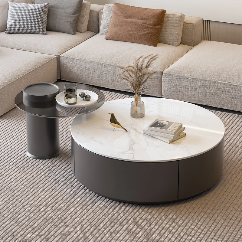 摩登枫情现代简约岩板茶几客厅家用小户型轻奢高级感圆形茶几组合