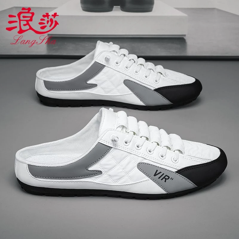 浪莎包头拖男鞋2024秋季新款半拖鞋男百搭透气豆豆鞋懒人一脚蹬鞋