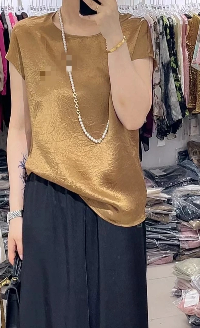 【千金坊】夏季新款高品质时尚气质简约大气款醋酸皱上衣