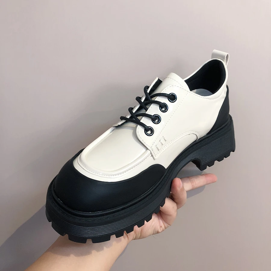 HML2507休闲百搭厚底英伦风粗跟白色圆头小皮鞋 系带单鞋  潮鞋