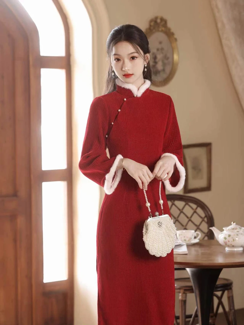 【23冬款】柔熙 民国风旗袍显瘦网红加厚长袖红色中长款时尚