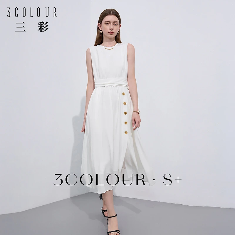 三彩2024夏季新款二醋酸仿麻小白裙无袖收腰A字裙极简风长裙优雅