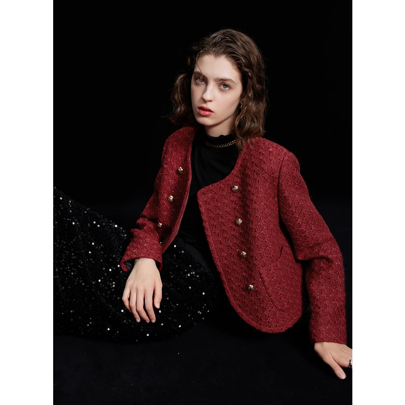 三彩ibudu2024冬季新款宽松短款香风呢大衣毛呢正肩加棉外套女