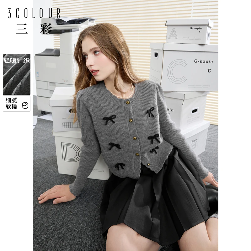 三彩2024秋季新款miu系蝴蝶结圆领针织衫毛衣开衫复古单排扣女M