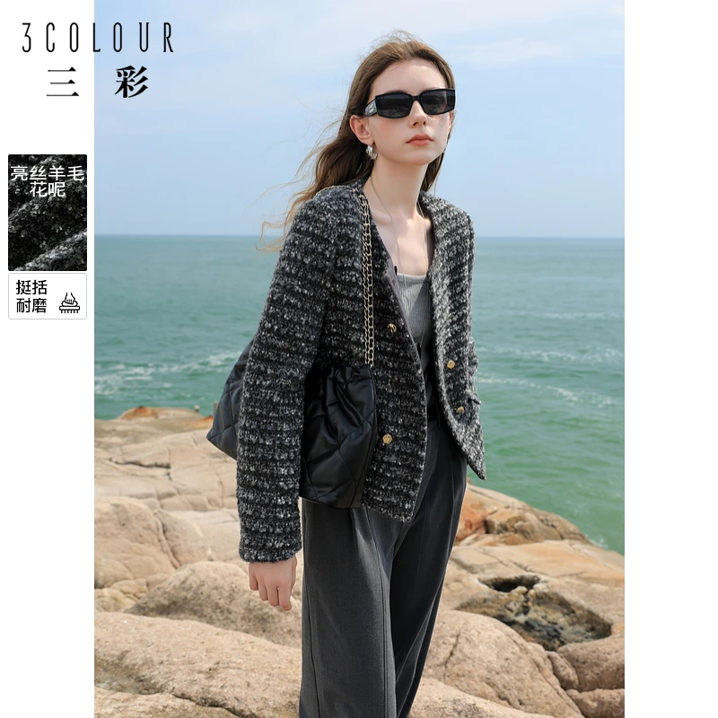 三彩装2024冬季新款香风呢大衣短款蝴蝶纱圆领亮丝毛呢外套M
