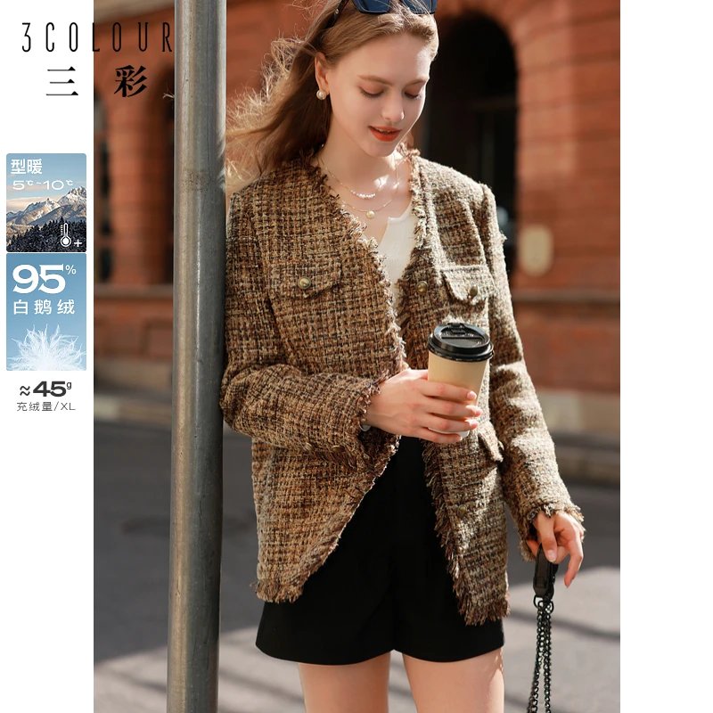 三彩2024冬季新款复古千金香风白鹅绒羽绒服保暖外套单排扣M