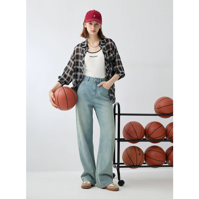 【宋轶同款】三彩2024秋季新款复古牛仔长裤宽松直筒裤显瘦拖地裤M