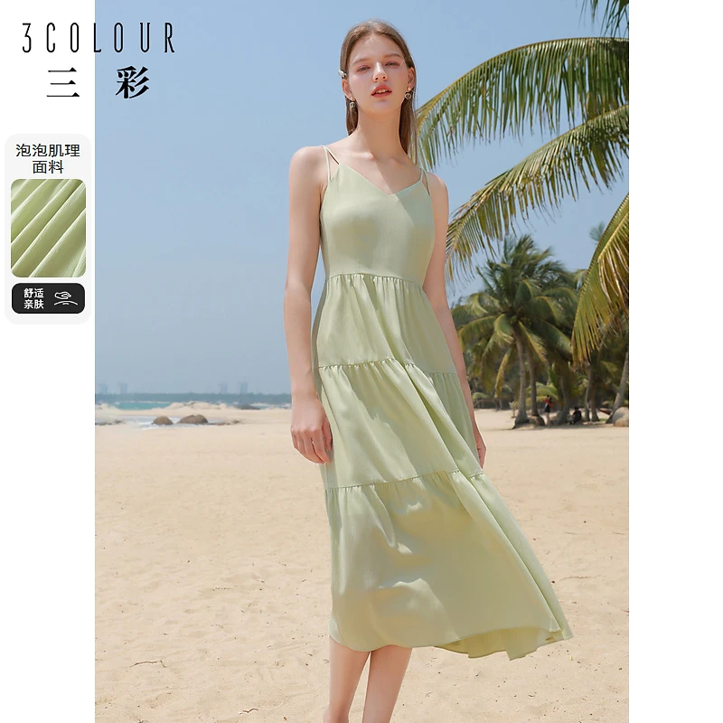 三彩独醒2024夏季新款V领交叉吊带裙蛋糕裙连衣裙长裙度假女F